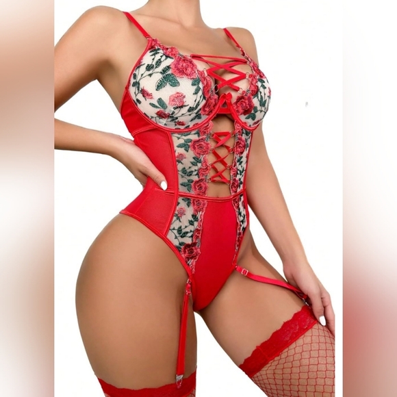 2/$50 Floral Embroidery Mesh Criss Cross Underwire Garter Lingerie Set-(#1,491) - Picture 4 of 7